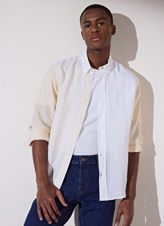 Brooks Brothers Slim Fit Klasik Yaka Sarı - Beyaz Erkek Gömlek BBSP23MSH029