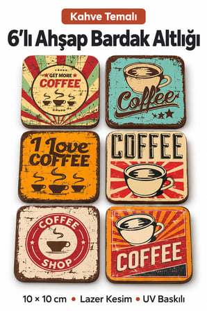 6'Lı Retro Kahve Vintage Temalı Ahşap Bardak Altlığı Ev,Mutfak,Kafe Dekorasyonu Seti