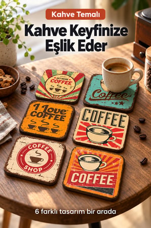 6'Lı Retro Kahve Vintage Temalı Ahşap Bardak Altlığı Ev,Mutfak,Kafe Dekorasyonu Seti