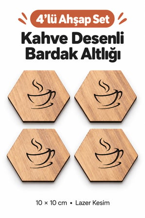 4'lü Ahşap Kahve Desenli Bardak Altlığı Dekoratif Ev,Mutfak,Ofis Aksesuarı Seti