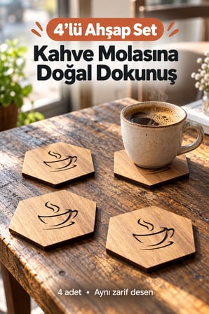 4'lü Ahşap Kahve Desenli Bardak Altlığı Dekoratif Ev,Mutfak,Ofis Aksesuarı Seti