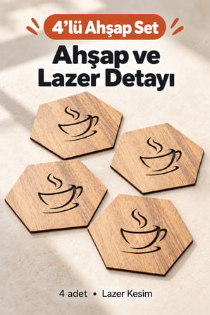 4'lü Ahşap Kahve Desenli Bardak Altlığı Dekoratif Ev,Mutfak,Ofis Aksesuarı Seti