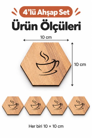 4'lü Ahşap Kahve Desenli Bardak Altlığı Dekoratif Ev,Mutfak,Ofis Aksesuarı Seti