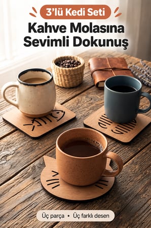 3'lü Kedi Figürlü Ahşap Bardak Altlığı Dekoratif Ev,Mutfak,Ofis Aksesuarı Seti