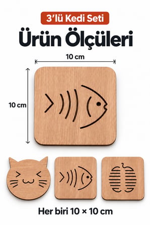 3'lü Kedi Figürlü Ahşap Bardak Altlığı Dekoratif Ev,Mutfak,Ofis Aksesuarı Seti