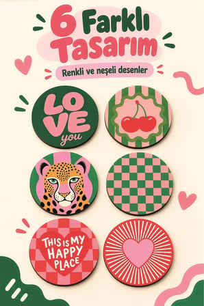 6'Lı MDF Bardak Altlığı Seti Saklama Kutulu Pop Art Retro Desenli Dekoratif Bardak Altlığı Kutu Hediyeli