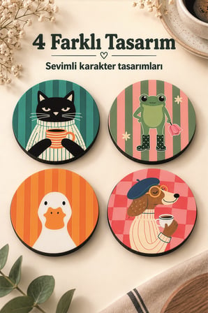 4'Lü MDF Bardak Altlığı Seti Saklama Kutulu Retro Hayvan Desenli Dekoratif Bardak Altlığı Kutu Hediyeli