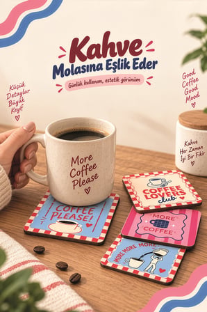 6'Lı MDF Bardak Altlığı Seti Saklama Kutulu Retro Coffe Time Temalı Renkli Desenli Dekoratif Bardak Altlığı Kutu Hediyeli