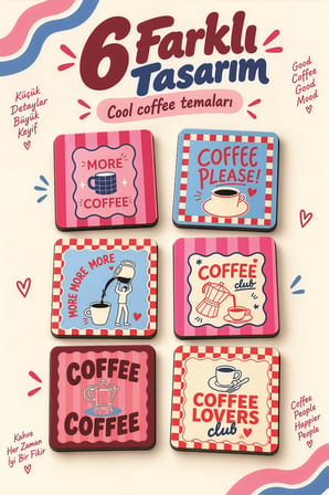 6'Lı MDF Bardak Altlığı Seti Saklama Kutulu Retro Coffe Time Temalı Renkli Desenli Dekoratif Bardak Altlığı Kutu Hediyeli