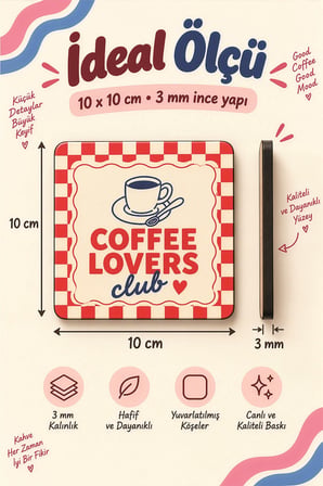 6'Lı MDF Bardak Altlığı Seti Saklama Kutulu Retro Coffe Time Temalı Renkli Desenli Dekoratif Bardak Altlığı Kutu Hediyeli
