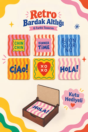 6'Lı MDF Bardak Altlığı Seti Saklama Kutulu Retro Temalı Renkli Desenli Dekoratif Bardak Altlığı Kutu Hediyeli