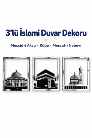 Gümüş Renk Mescid-i Aksa, Mescid-i Haram ve Mescid-i Nebevi 3'lü Kare Duvar Dekoru Seti – İslami Ev ve Ofis Dekorasyonu