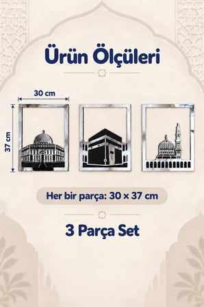Gümüş Renk Mescid-i Aksa, Mescid-i Haram ve Mescid-i Nebevi 3'lü Kare Duvar Dekoru Seti – İslami Ev ve Ofis Dekorasyonu