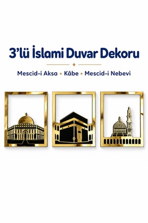 Altın Renk Mescid-i Aksa, Mescid-i Haram ve Mescid-i Nebevi 3'lü Kare Duvar Dekoru Seti – İslami Dekoratif Tablo