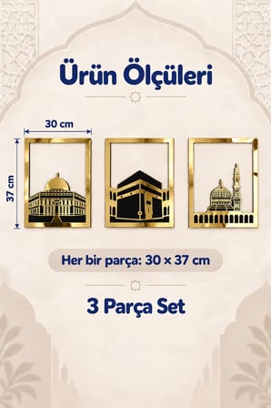 Altın Renk Mescid-i Aksa, Mescid-i Haram ve Mescid-i Nebevi 3'lü Kare Duvar Dekoru Seti – İslami Dekoratif Tablo