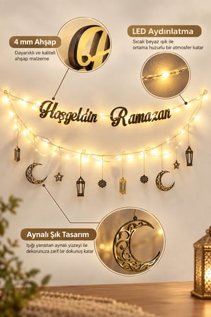Hoş Geldin Ramazan LED Işıklı Aynalı Ahşap Duvar Süsü – 4 mm MDF Dekoratif Ramazan Ayı Duvar Dekoru