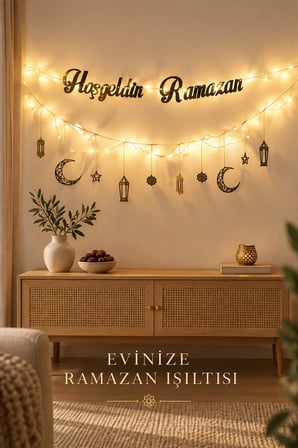 Hoş Geldin Ramazan LED Işıklı Aynalı Ahşap Duvar Süsü – 4 mm MDF Dekoratif Ramazan Ayı Duvar Dekoru
