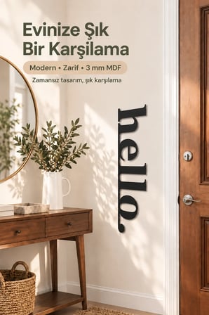 Hello Ahşap Duvar Yazısı 29x44 cm – Lazer Kesim MDF Dekoratif Duvar Süsü, Modern Ev ve Ofis Dekorasyonu