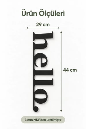 Hello Ahşap Duvar Yazısı 29x44 cm – Lazer Kesim MDF Dekoratif Duvar Süsü, Modern Ev ve Ofis Dekorasyonu