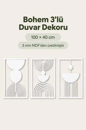 Gümüş Renk Soyut Bohem Dekoratif 3'lü Duvar Tablosu – Modern Ev, Salon ve Ofis Duvar Dekoru