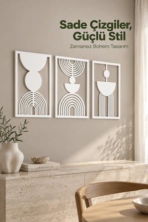 Gümüş Renk Soyut Bohem Dekoratif 3'lü Duvar Tablosu – Modern Ev, Salon ve Ofis Duvar Dekoru