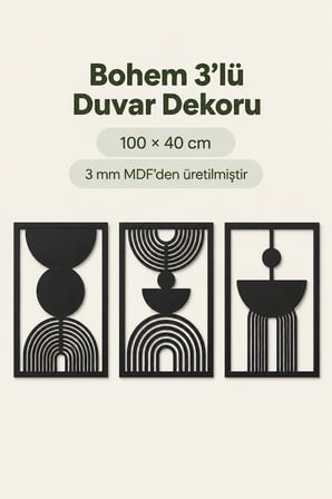 Siyah Renk Soyut Bohem Dekoratif 3'lü Duvar Tablosu – Modern Ev, Salon ve Ofis Duvar Dekoru