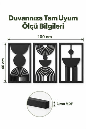 Siyah Renk Soyut Bohem Dekoratif 3'lü Duvar Tablosu – Modern Ev, Salon ve Ofis Duvar Dekoru
