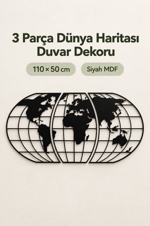 Siyah MDF 3 Parça Ahşap Dünya Haritası Duvar Dekoru 50x110 cm – Lazer Kesim Dekoratif Atlas Tablo, Ev Ofis ve Kafe Süsü