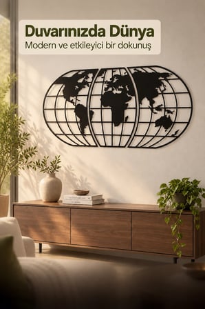 Siyah MDF 3 Parça Ahşap Dünya Haritası Duvar Dekoru 50x110 cm – Lazer Kesim Dekoratif Atlas Tablo, Ev Ofis ve Kafe Süsü