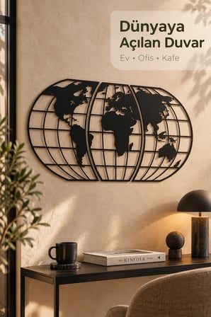 Siyah MDF 3 Parça Ahşap Dünya Haritası Duvar Dekoru 50x110 cm – Lazer Kesim Dekoratif Atlas Tablo, Ev Ofis ve Kafe Süsü