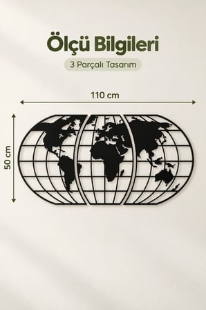Siyah MDF 3 Parça Ahşap Dünya Haritası Duvar Dekoru 50x110 cm – Lazer Kesim Dekoratif Atlas Tablo, Ev Ofis ve Kafe Süsü