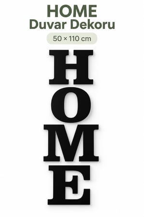Siyah Ahşap Dekoratif HOME Duvar Yazısı 50x110 cm – Modern MDF Duvar Süsü, Ev ve Salon Dekorasyonu