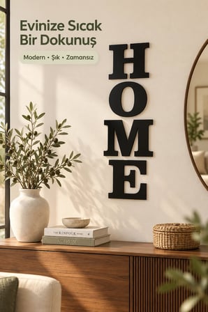 Siyah Ahşap Dekoratif HOME Duvar Yazısı 50x110 cm – Modern MDF Duvar Süsü, Ev ve Salon Dekorasyonu