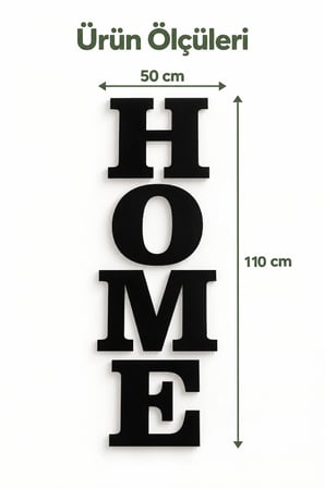 Siyah Ahşap Dekoratif HOME Duvar Yazısı 50x110 cm – Modern MDF Duvar Süsü, Ev ve Salon Dekorasyonu