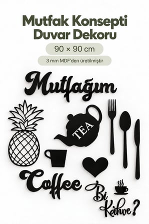 Siyah Ahşap Mutfak Konsepti Duvar Dekoru – Kalp, Mutfağım, Ananas ve Bi Kahve Dekoratif MDF Duvar Süsü Seti 90x90 cm