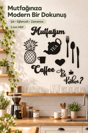 Siyah Ahşap Mutfak Konsepti Duvar Dekoru – Kalp, Mutfağım, Ananas ve Bi Kahve Dekoratif MDF Duvar Süsü Seti 90x90 cm