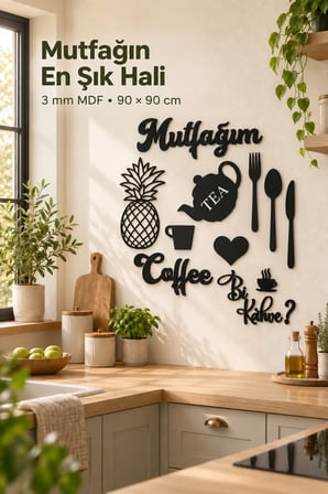 Siyah Ahşap Mutfak Konsepti Duvar Dekoru – Kalp, Mutfağım, Ananas ve Bi Kahve Dekoratif MDF Duvar Süsü Seti 90x90 cm