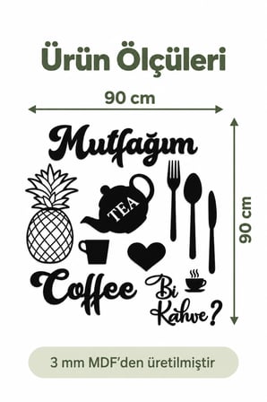Siyah Ahşap Mutfak Konsepti Duvar Dekoru – Kalp, Mutfağım, Ananas ve Bi Kahve Dekoratif MDF Duvar Süsü Seti 90x90 cm