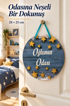 Renkli Ahşap Çocuk ve Bebek Odası Kapı Süsü 28x25 cm – Oğlumun Odası,Dekoratif Kapı Yazısı