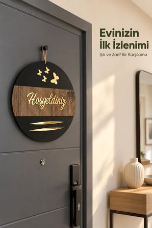 Hoş Geldiniz Yazılı Ahşap Dekoratif Kapı Süsü 24x24 cm – Ev ve Ofis İçin Şık Ahşap Kapı Dekoru