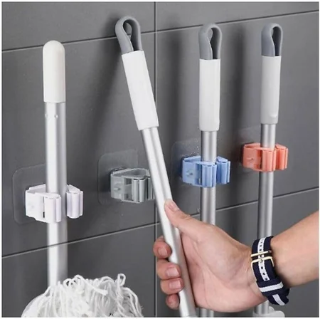 4 lü Yapışkanlı Pratik Mop Temizlik Fırçası Tutucu Paspas Süpürge Fırça ve Mop Askısı beyaz