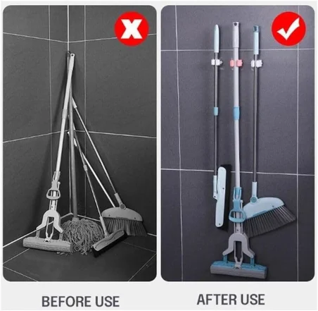 4 lü Yapışkanlı Pratik Mop Temizlik Fırçası Tutucu Paspas Süpürge Fırça ve Mop Askısı beyaz