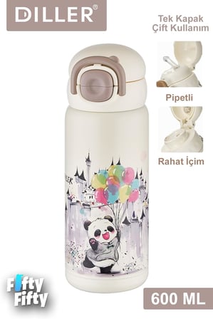 DILLER 600 ML Tek Kapak Çift Kullanım Pipetli/Pipetsiz Taşıma Kulplu Vacum Cup/Çelik Termos -FFDILLERD9252