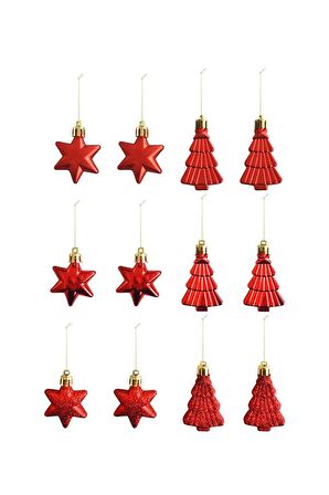 Walke 12li Yıldız ve Ağaç Figürlü Yılbaşı Süsü Kırmızı