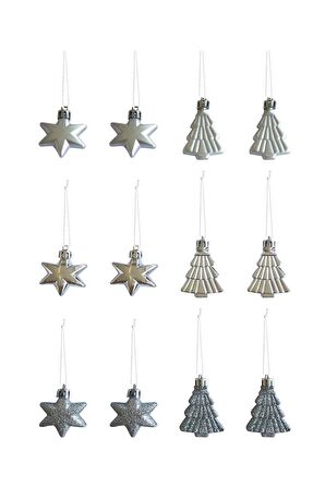 Walke 12li Yıldız ve Ağaç Figürlü Yılbaşı Süsü Gümüş