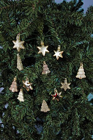 12li Yıldız Ve Ağaç Figürlü Yılbaşı Süsü Altın