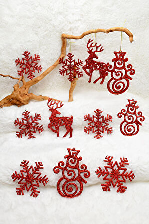 11li Simli Süs Kırmızı Yılbaşı Çam Ağacı Süsü