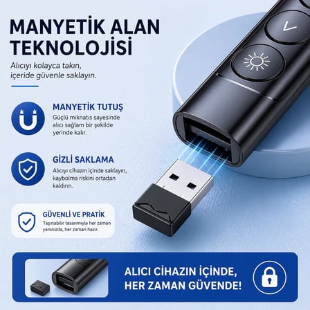 S7 Dijital Ekranlı Şarjlı Lazer Sunum Kumandası – Type-C, 100 m Menzil, Kablosuz 2.4G, PowerPoint/Keynote Uyumlu, USB Alıcılı, Manyetik Saklama, Ergonomik Tasarım