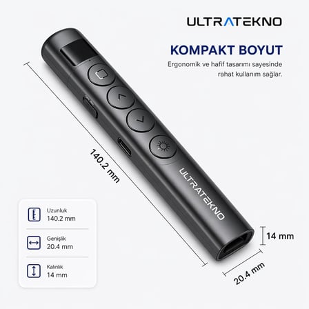 S7 Dijital Ekranlı Şarjlı Lazer Sunum Kumandası – Type-C, 100 m Menzil, Kablosuz 2.4G, PowerPoint/Keynote Uyumlu, USB Alıcılı, Manyetik Saklama, Ergonomik Tasarım