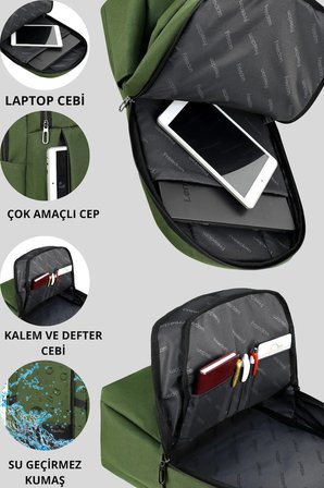 Okul Cantasi Freedom Laptop Korumali Sirt Cantasi Universite Lise ve Ortaokul Cantasi Yesil GALB Leather
